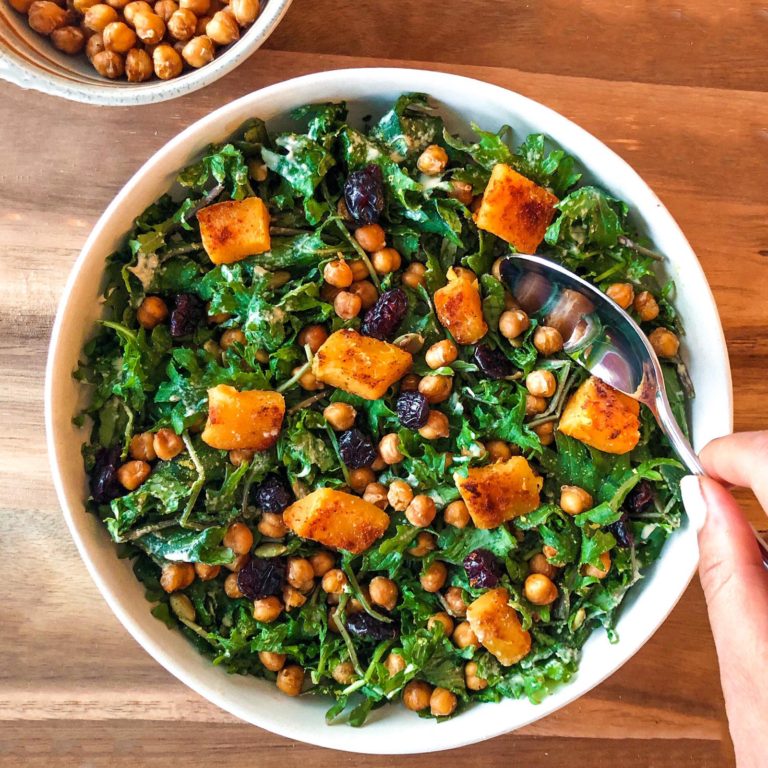 Butternut Squash Kale Salad with Roasted Chickpeas and Tahini Dressing