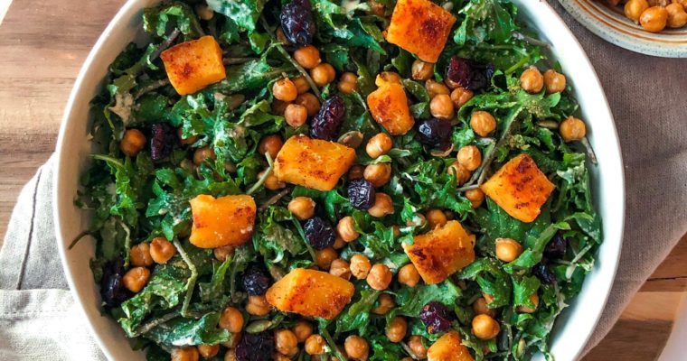 Butternut Squash Kale Salad with Roasted Chickpeas and Tahini Dressing