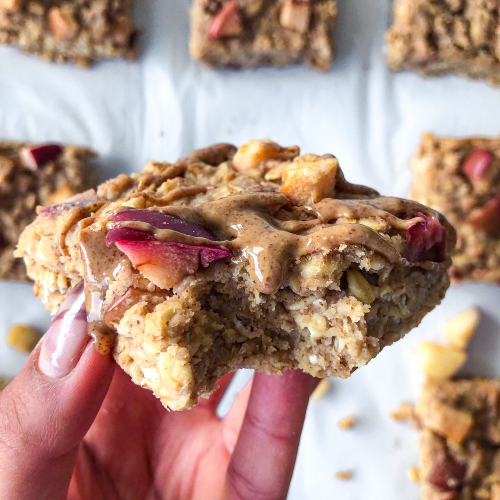 Baked Apple Oatmeal Bars with Almond Butter Drizzle